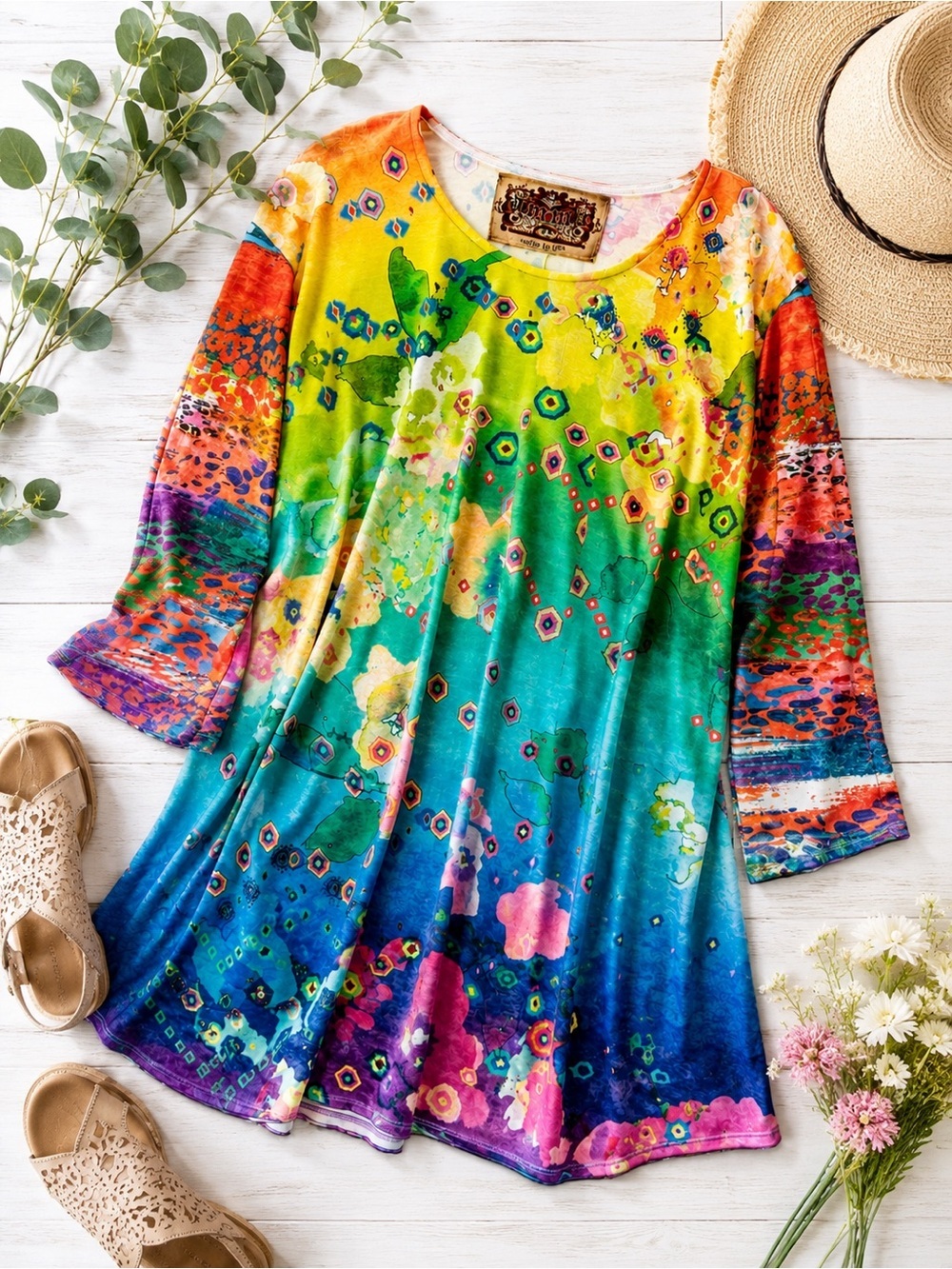 Amma Boho Bohemian Vibrant Watercolor  Multicolor Floral A-Line Tunic Top